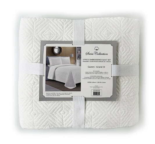 3Pc Embroidered Quilt Set - 100% Cotton