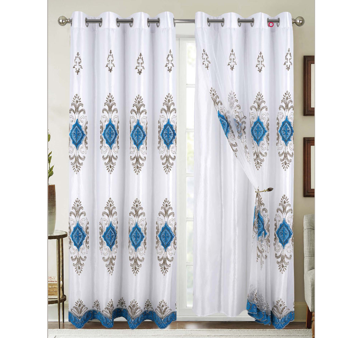 Lucinda Sheer Embroidery Curtain w/ Lining - Turquoise