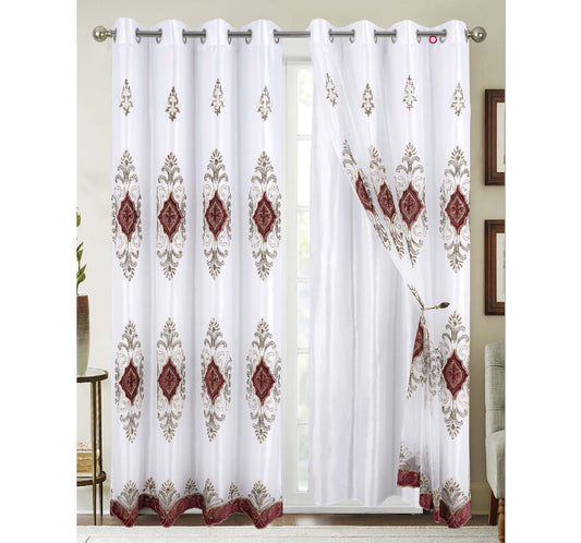 Lucinda Sheer Embroidery Curtain w/ Lining - Red